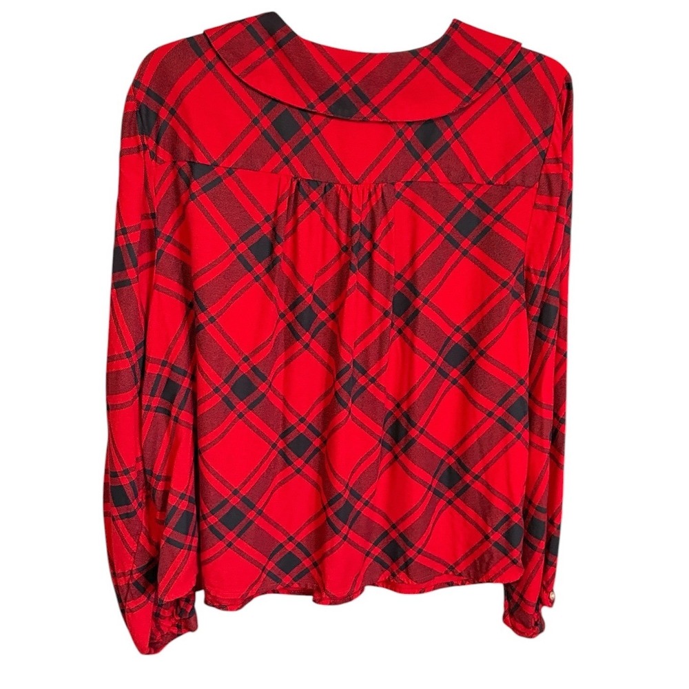 Old Navy Plaid Blouse Womens 2X Red Black Statement Collar Ribbon Tie Tartan - Picture 3 of 8